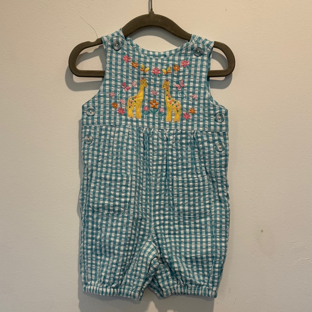 JoJo Maman Bebe Teal Gingham Overalls with Giraffe Design